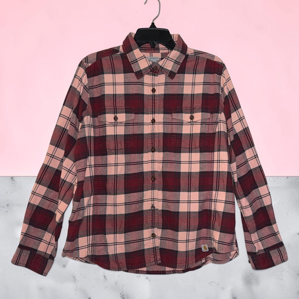Carhartt Womens XL Pink Burgundy Plaid Flannel Button Down Shirt 100714 830